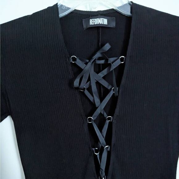 Reformation Edison Lace-Up Rib Knit Midi Dress in Black, Size Small - Picture 5 of 9